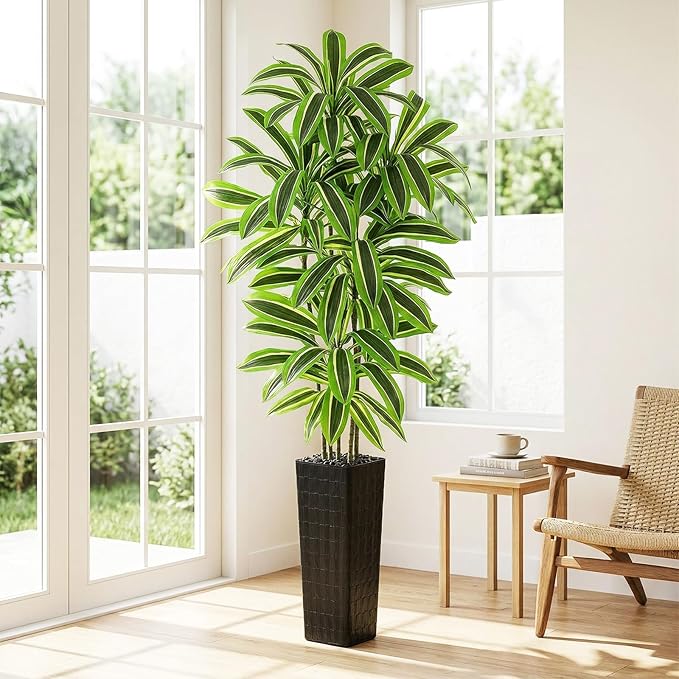 Artificial Yellow Dracaena Tree - 7FT Tall Fake Plants with Black Planter - Artificial Plants Indoor Floor Plant in Pot - Large Tropical Fake Yucca Potted Tree for Home Office Living Room Decor