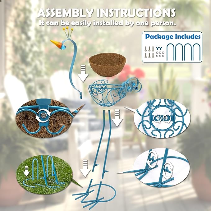 J-Fly Peacock Metal Plant Stand 2 Sets Flower Pots Holders, Planters for Outdoor Indoor Plants with Coconut Pots, Front Porch Garden Balcony Patio Decor for Plant, Valentine Decoration Gifts