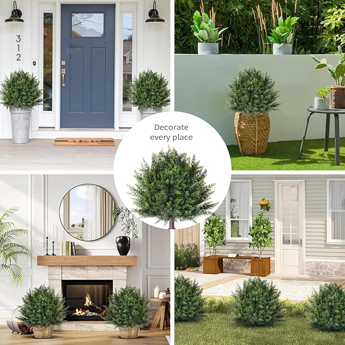 2 Pack Artificial Urn Filler, Artificial Cypress Topiary Shrubs, UV-Resistant Evergreen Plants, Indoor/Outdoor Decoration, Suitable for porches, courtyards, Gardens, and Flower beds