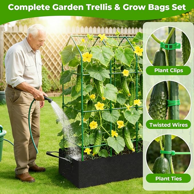 Large Cucumber Trellis for Climbing Plants Outdoor with Grow Bag,67" Tall Metal U-Frame Plant Trellis for Cucumber with Garden Netting and Plant Clip Plant Ties for Vegetables Tomatoes Squash Pea