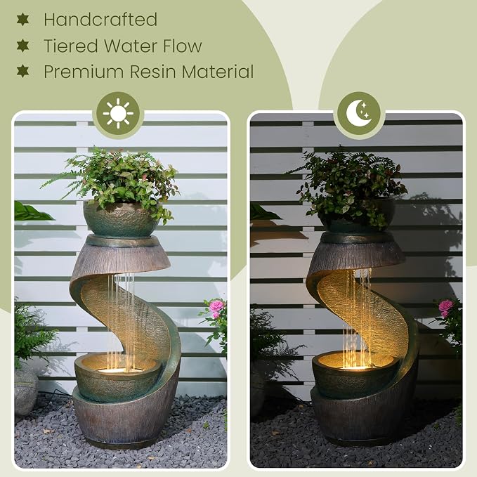 31.9" Outdoor Water Fountain with Lights – S-Shaped Water Feature Outdoor Modern Resin Waterfall Feature with Bowl Planter, Decorative Garden Fountain for Patio Balcony Porch Yard, Gold
