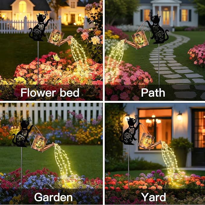 LOVERUIS Cat Solar Watering Can Lights,Outdoor Hanging Solar Lights Lantern,Gifts for Mom Women Birthday Mother's Day,Garden Waterproof Garden Decor Outside Patio Yard Pathway Backyard