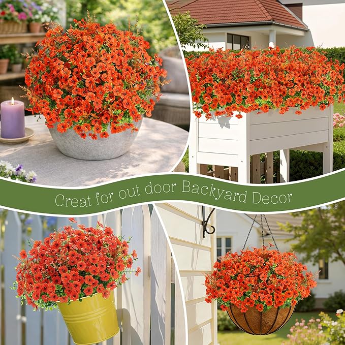 SHareconn 24 Bundles Artificial Flowers for Outdoors Decoration, Faux Plants Fake Silk Colorful Daisy Eucalyptus Lavender, UV Resistant for Outside Home Porch Patio Indoor Spring Decor, Orange
