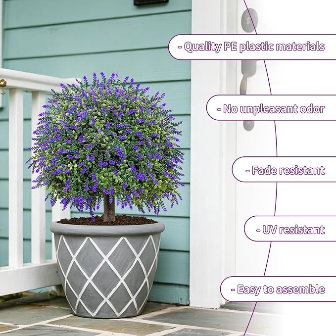 Set of 2 Artificial Lavender Boxwood Topiary Ball Trees with Ground Spike, 27.5" UV Resistant Faux Evergreen Shrubs, Purple Green Fake Bushes for Indoor Outdoor Front Porch Garden Patio Yard Decor