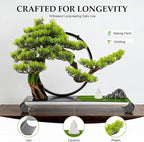 Zen Artificial Bonsai Tree with Adjustable LED Light Ring, Realistic Simulation Welcome Pine with Buddha Statue Decoration, Faux Potted Plant for Living Room Office Studies Meditation
