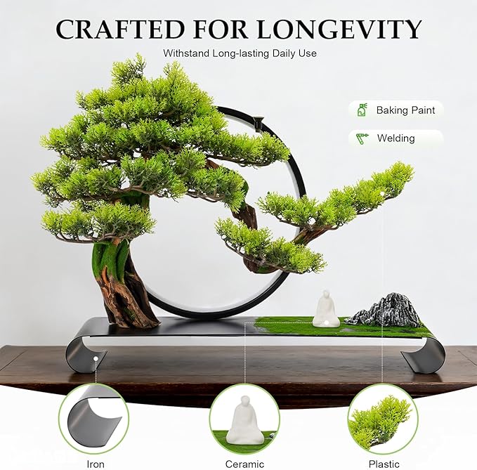 Zen Artificial Bonsai Tree with Adjustable LED Light Ring, Realistic Simulation Welcome Pine with Buddha Statue Decoration, Faux Potted Plant for Living Room Office Studies Meditation