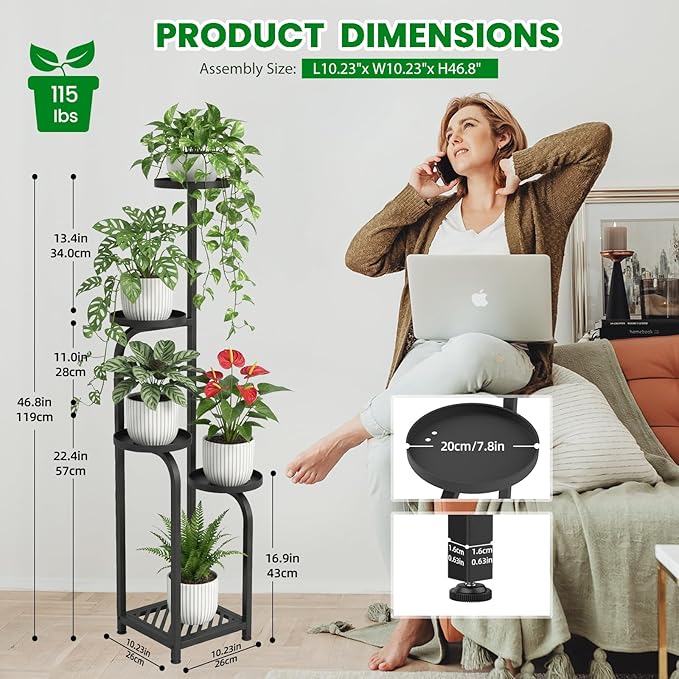 TOSKING 5 Tier Tall Plant Stand Indoor Outdoor,Anti-Tip Plant Stand indoor, Wide Base for Pots, Child and Pet Friendly,Heavy Duty Corner Shelf for Plants & Decor, Space Saving ,Tiered Metal Flower Pot Stand for Balcony, Garden, Living Room, Patio (Blac...
