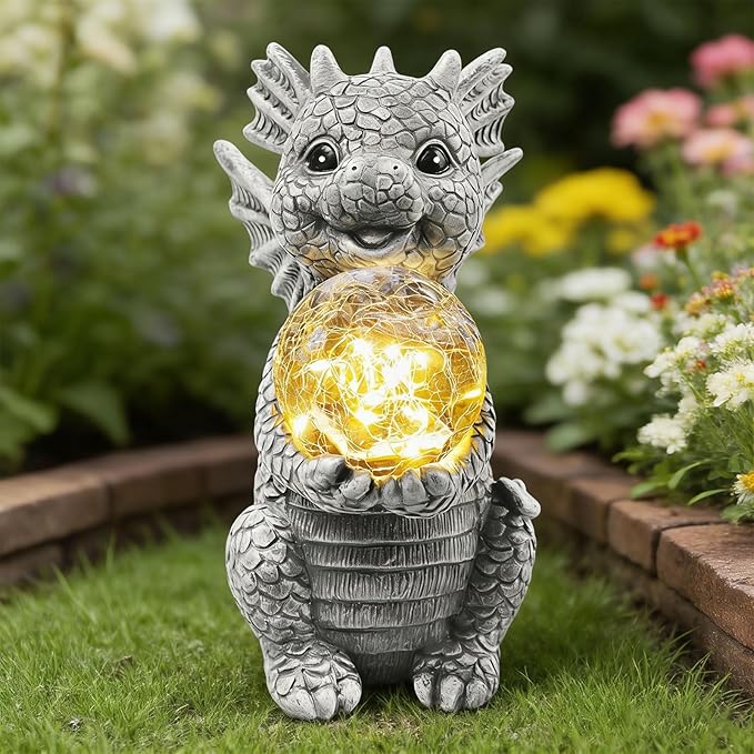 Solar Garden Decorations - Dragon Statue with Crackle Glass Ball Light - Garden Decor for Patio, Yard, Lawn, Pathway, Landescape - Housewarming Gifts - Dragon Gifts for Women Mom Grandmom