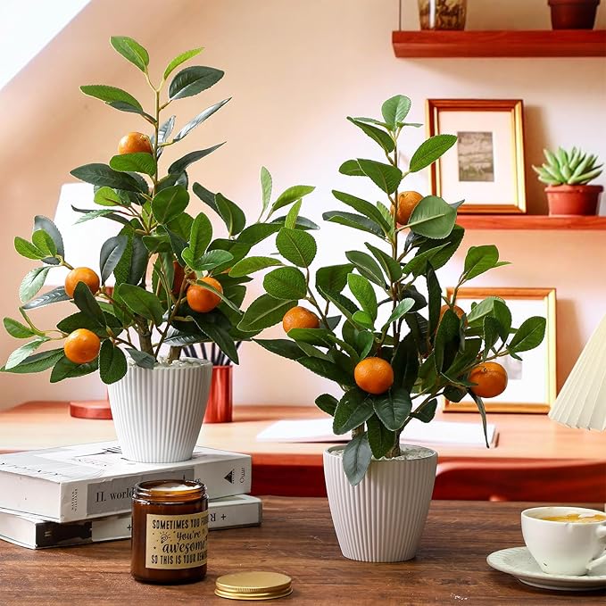 Suncalla 2 Pack Artificial Orange Potted Plants 19.7 Inches Fake Orange Tree Simulation Realistic Fruit Plant with Pot Faux Tree Indoor Decoration for Home Office Living Room Table Desk