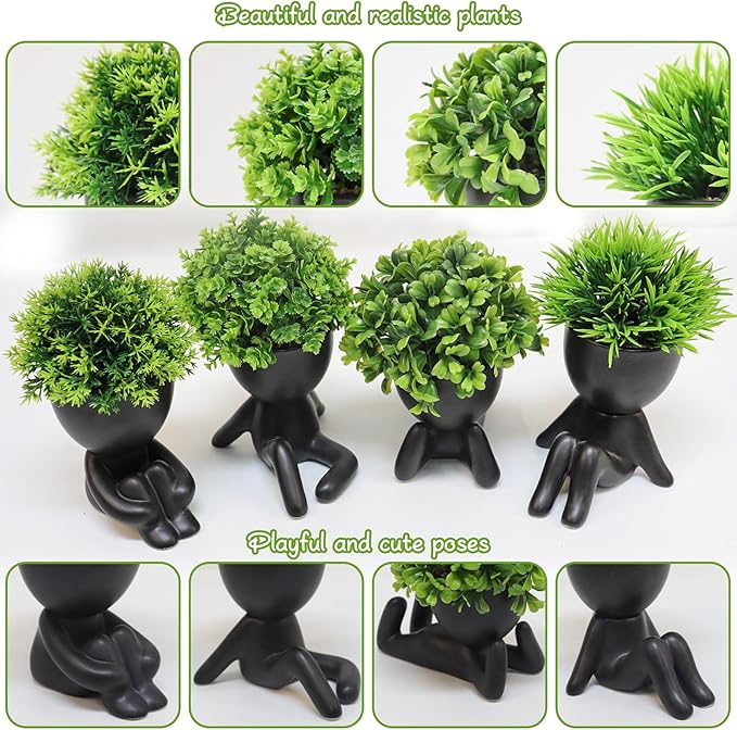 MAKHOT 4PCS Cute Artificial Mini Succulent Plants with Creative Human Shaped Pots, Small Fake Plants for Shelf Desk Tabletop Office Home Decoration(Black)