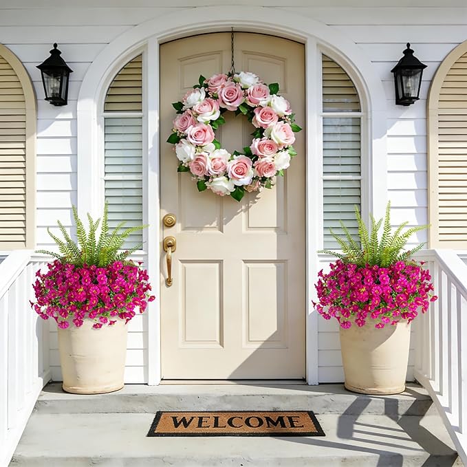 Hrobek Artificial Flowers for Outdoors Faux Plants Outside Indoor,UV Resistant Silk Fake Petunia Ferns for Home Patio Garden Back Yard Front Porch Decor(13 Bunches,Light Purple)