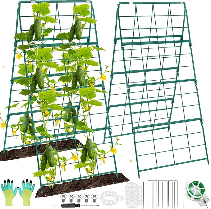 Cucumber Trellis for Raised Bed A Frame Metal Garden Trellis for Climbing Plants Outdoor, 42 x 16IN Foldable Coated Steel Cucumbers Trelli, Easy to Install Cucumber Trellis for Vegetable Fruit