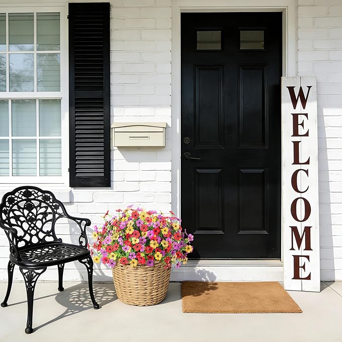 Artificial Flowers for Outdoors Potted Spring Decor, 12 Bundles Fake Summer Daisy with Realistic Eucalyptus Leaves, Faux Plants for Greenery Boxwood Porch Patio Garden Pot Lawn(Red Purple Yellow)