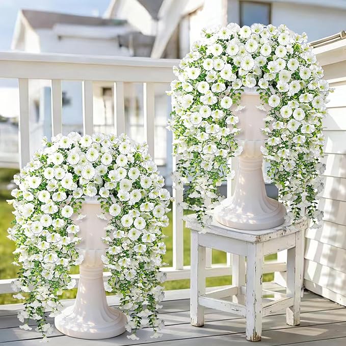 Artificial Hanging Flowers for Outdoors, 4 PCS 600 Blooms UV Resistant Morning Glory Faux Silk Vines, No-Odor Realistic Fake Plants for Garden Planter Porch Patio Decoration, White