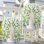 Artificial Hanging Flowers for Outdoors, 4 PCS 600 Blooms UV Resistant Morning Glory Faux Silk Vines, No-Odor Realistic Fake Plants for Garden Planter Porch Patio Decoration, White