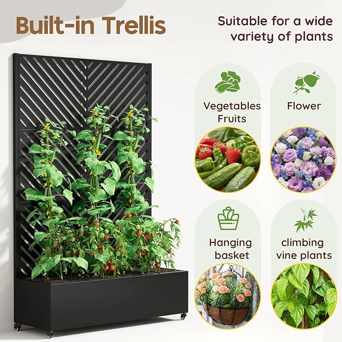 Galvanized Metal Planter Box with Trellis,Metal Raised Garden Bed Trellis 72"x47"x15.7"Inches Outdoor Planter with Wheels and Drainage Holes,for Patio Climbing Vegetables,Flowers,Vines,Black