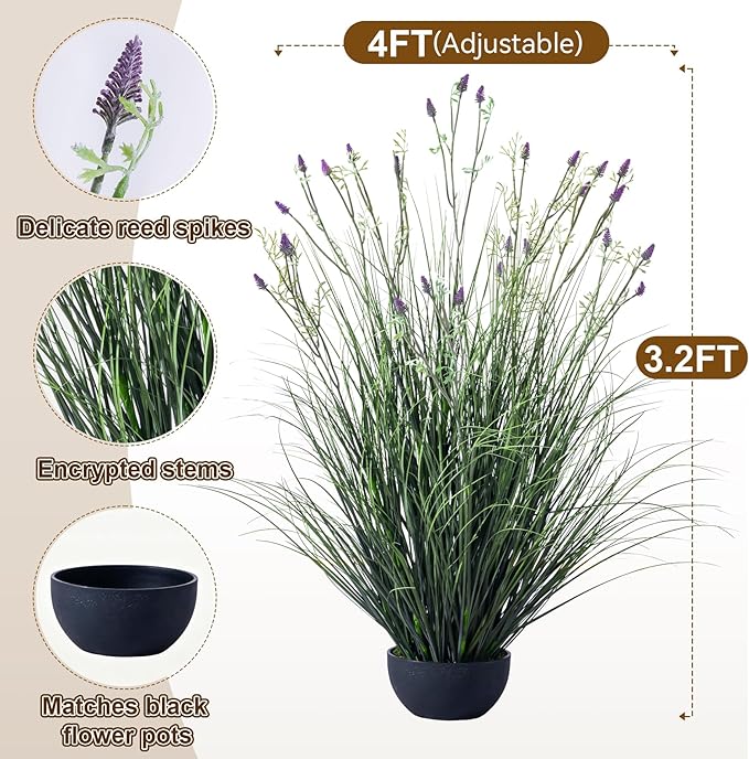 Lifelike Fake Lavender Faux Plastic plantas Synthetic Pampas Grass Indoor Outdoor Realistic Floor Plants Artificial Tall Grass Plant for Home Office Wedding Patio Front Decor Housewarming Gift