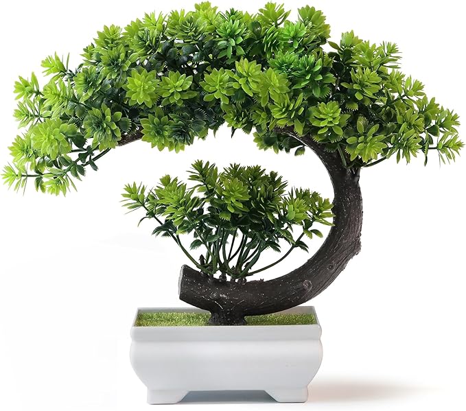 Fake Plants Small Artificial Bonsai Tree for Home Decor Living Room Bathroom Bookshelf Entryway Table Wall Shelf Modern Farmhouse Decor, 8.5" Tall, Green