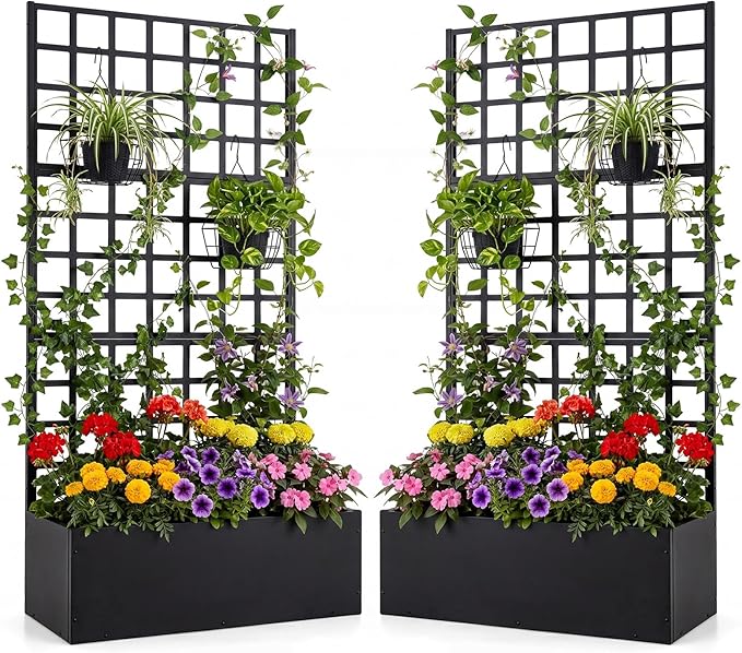 Giantex 2 Pack Metal Raised Garden Bed with Trellis, 36" x 16" x 77" Galvanized Planter Box w/Drainage Holes for Climbing Plants Vegetables Flowers, Outdoor Privacy Screen for Patio Backyard Balcony