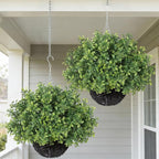 2PCS Artificial Boxwood Plants with Hanging Basket - Fake Aglaia Odorata Hanging Planters Faux Greenery UV Resistant Eucalyptus Leaves for Front Porch Patio Garden Farmhouse Home Decor (Green)