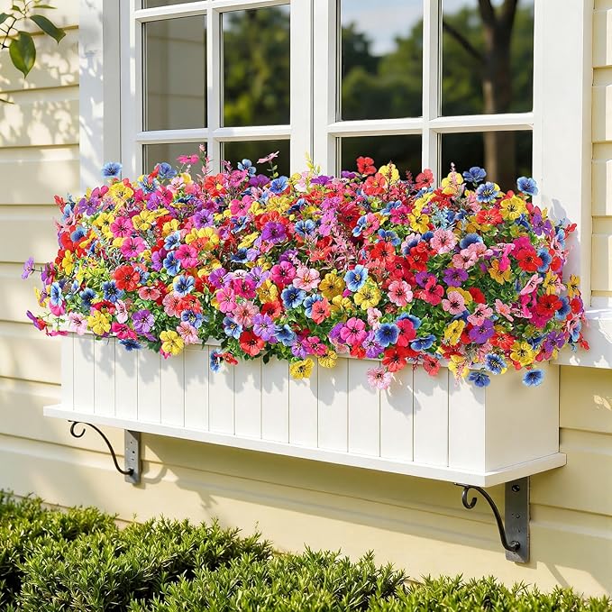 SHareconn 48 Bundles Artificial Flowers for Outdoors Decoration, Faux Plants Fake Silk Colorful Daisy Eucalyptus Lavender, UV Resistant for Outside Home indoor Spring Decor,RedRosyPurpleBlueYellowPink