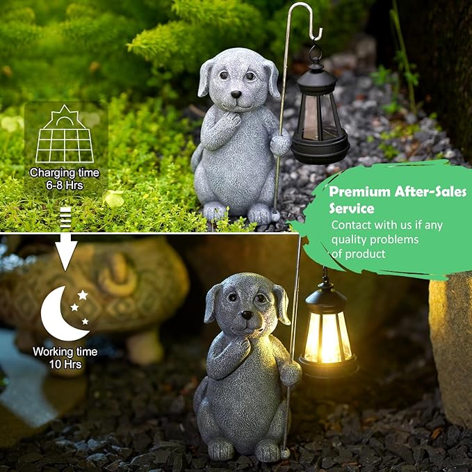 Qeeman Solar Dog Garden Statue: Weatherproof Resin Figurine with Warm Glow Lantern - Outdoor Decor for Yard Pathway Patio Porch Balcony - Gifts for Mom Grandma Dog Lovers