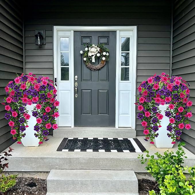 Artificial Geranium Hanging Flowers for Outdoor Decoration, 2 Bundles UV Resistant Silk Geranium Fake Plants Faux Flowers for Front Porch Garden Patio Window Box Decor (Purple, Purple red)