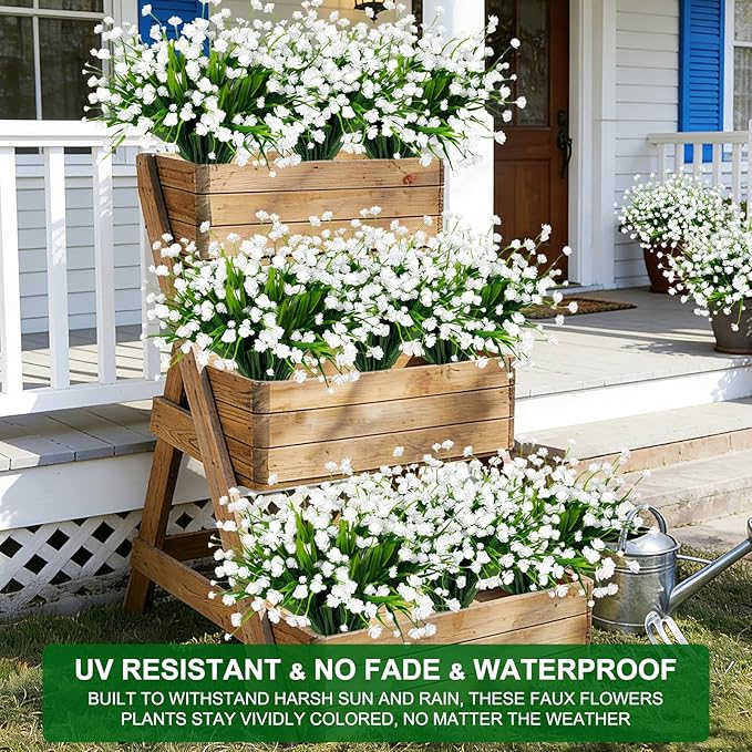 12 Bundles Artificial Flowers for Outdoors Summer Decor, Realistic UV Resistant Fake Plants Faux Plastic Flowers for Outside Planter Home Gardens Patio Porch Yards Spring Cemetery Decor(White)