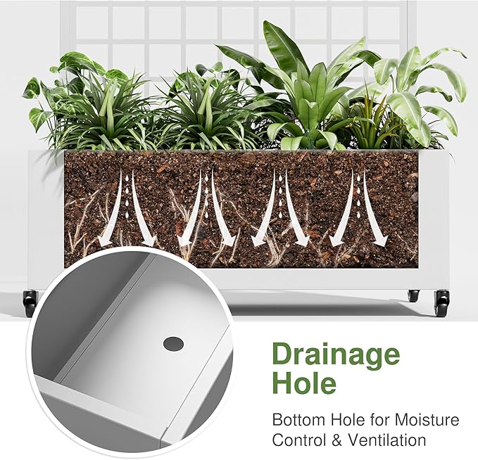 Casaphoria Metal Raised Garden Bed with Trellis and Wheels, 72"x35"x16" Arched Planter Box for Climbing Plants, Vegetables & Vines, Features Drainage Holes and Privacy Screen, White-Grid