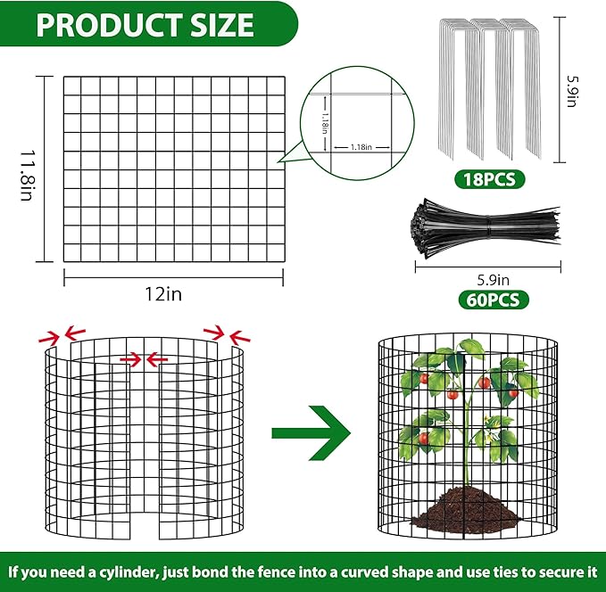 18 Pcs 11.8 in x12 in Wire Plant Protector Cages - Chicken Wire Cloche Animal Barrier, Metal Mesh Plant Cage with Stakes and Ties for Raised Bed Vegetables, Flowers, Shrubs & Plants