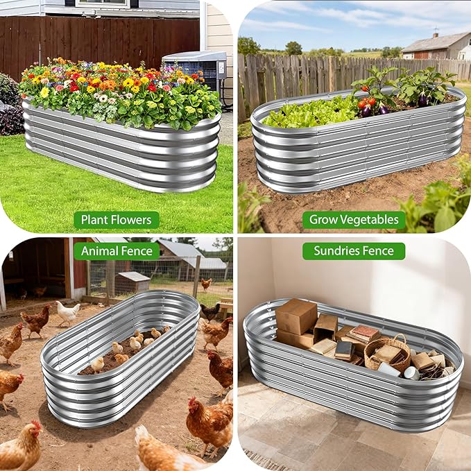 YSEJOMP 17" Tall Outdoor Garden Raised Garden Bed Kits, 5ft X 2ft Oval,0.8MM Thick Metal Raised Planter Bed/Ground Planter Box for Variety of Flowers,Herbs,Vegetables (Silver, 60X24X16.5 Inches)