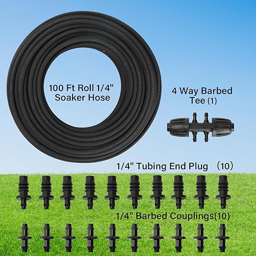 MIXC 80% Water-Saving Soaker Hose – 1/4" x 100 Ft Drip Irrigation Tubing for Garden, Lawn, Flower Beds & Vegetable Rows, with 1/4" Drip Fittings Included