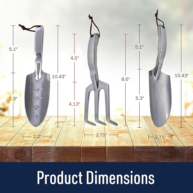 Hand Gardening Tools 3 Pack with Cultivator Hand Rake, Transplanting Shovel, and Garden Trowel for Planting - Heavy Duty Cast Aluminum Garden Tool Set with Ergonomic Handles by Kings County Tools