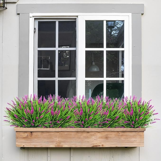 Bassion Artificial Flowers for Outdoors, 24 Bundles Fake Lavender Flowers UV Resistant Fuchsia Plastic Plants Faux Monkey Grass for Home Porch Garden Window Box Indoor Outdoor Decorations