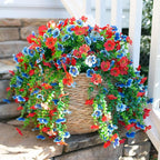 Artificial Faux Hanging Flowers Plants for Spring Outdoor Outside Decoration, 2 PCS Fake Silk Daisy with Eucalyptus UV Resistant Realistic Trailing Vines for Balcony Patio Porch (BlueRed)