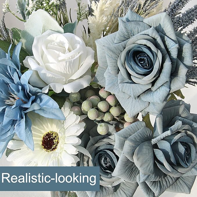 Artificial Flowers in Vase, Faux Flowers with Vase, Dusty Blue Rose Faux Dahlia Fake Peony Silk Hydrangea Eucalyptus Willow Plants Wildflowers Arrangements for Table Centerpiece Farmhouse Decor