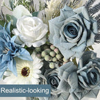 Artificial Flowers in Vase, Faux Flowers with Vase, Dusty Blue Rose Faux Dahlia Fake Peony Silk Hydrangea Eucalyptus Willow Plants Wildflowers Arrangements for Table Centerpiece Farmhouse Decor