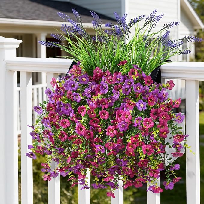 Artificial Fake Hanging Flowers Plants for Outdoor Outside Decoration, Faux Silk Daisy Flower Realistic UV Resistant for Front Porch Patio Balcony Garden Yard Indoor Planter Home Decor(Purple Pink)