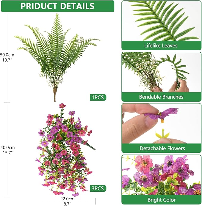 INQCMY Artificial Fake Hanging Flowers with Fake Fern for Outdoors UV Resistant Artificial Plants Spring Decor Look Real Faux Flowers for Outside Home Planter Porch Patio Decor
