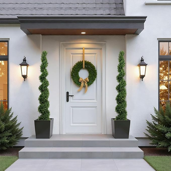 THE BLOOM TIMES 6ft Spiral Artificial Topiary Trees Set of 2, 71 inch Faux Cedar Trees for Outdoor Planters - Fake Twist Cypress Plants for Garden Front Porch Indoor Outside Decor 6 Foot