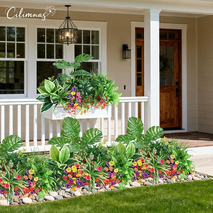Artificial Plants Outdoor,18PCS UV Resistant Fake Greenery&Flowers with Stems Faux Plant Outside for Front Proch Garden Patio Planters Window Boxes Home Decor(Not Included Planter)