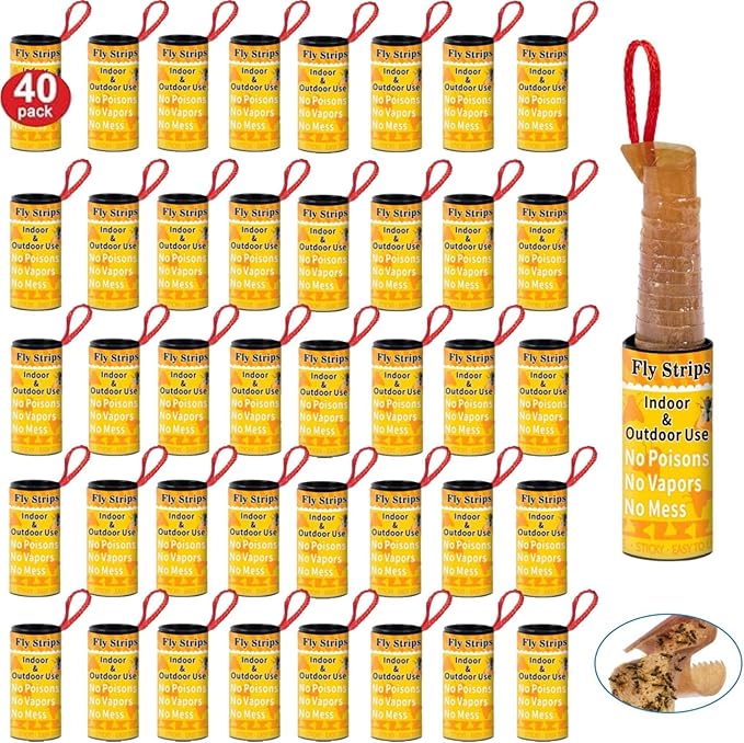 Fly Strips Trap Indoor Sticky Hanging, 40 Pack Fly Paper Traps Outdoor, Flies Tape Paper Ribbon Rolls for Home Kitchen, Fruit & Bug Gnat Catchers for Inside, Killer for Winged Insect