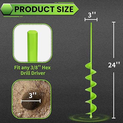 3"x24" Heavy Duty Auger Drill Bit for High-Torque Drill – One-Piece Carbon Steel Earth Auger for Deep Tree Planting, Fence Post Holes – Handles Hard Clay & Compacted Soil, Green