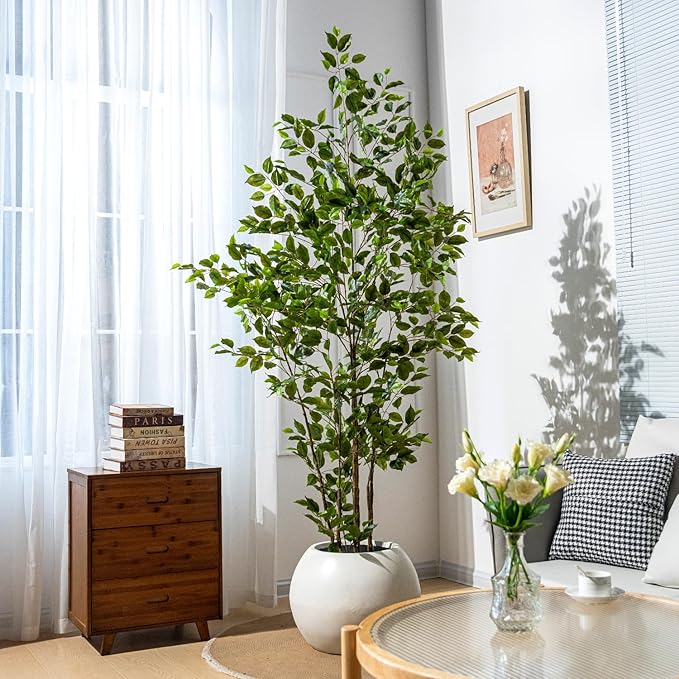 Bailikang Artificial Ficus Tree Indoor 7ft, Large Potted Faux Tree with Realistic Silk Leaves & Trunk for Home Office, Living Room Corner Decor