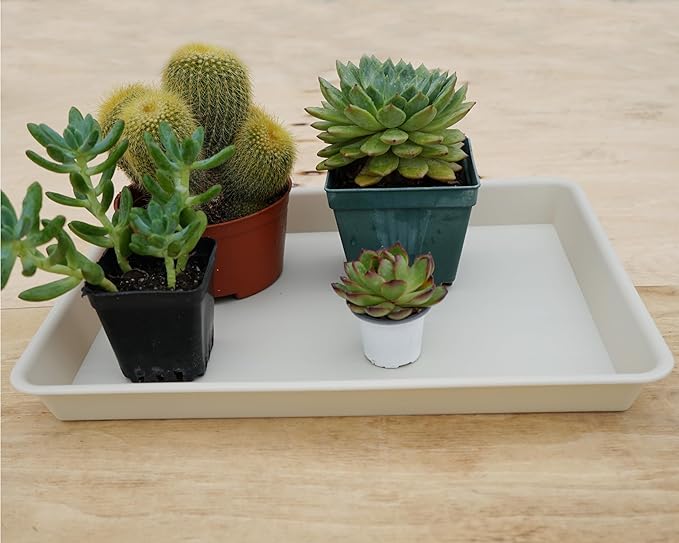 VUWEZ Rectangle Plant Tray, Plant Drip Tray, Plant Pot Saucers, Plant Germination Trays, Plant Saucers, 14.5'' x 11'' x 1.5'' (4 pack), Beige