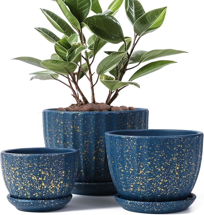 STHIE Ceramic Plant Pots with Drainage Holes and Saucers, Round Blue Flower Pots for Indoor Plant, Diameter 3.3/4.3/5.5 Inches Small Mini Flower Planters Set of 3