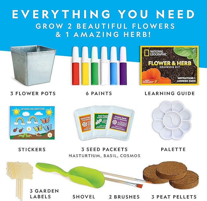 National Geographic Flower & Herb Gardening Kit for Kids - Kids Gardening Set with 3 Stainless Steel Pots, Paint & Stickers, Outdoor Toys, Craft Kits, Plant Growing Kit, Easter Basket Stuffers