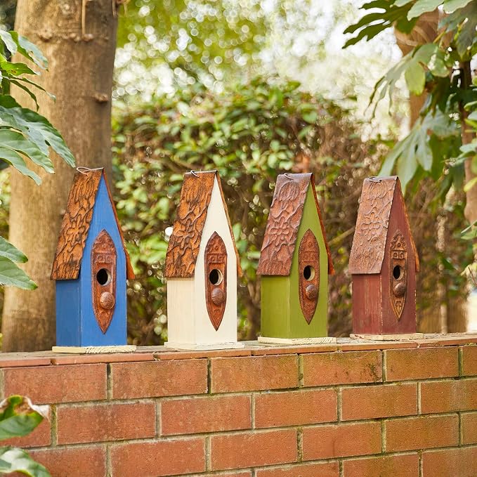 Glitzhome Bird Houses for Outside, Hand Painted Distressed Wooden Bird House for Outdoors, 13.25" H Hanging Birdhouse Bluebird House for Hummingbird,Sparrow,Wren Finch