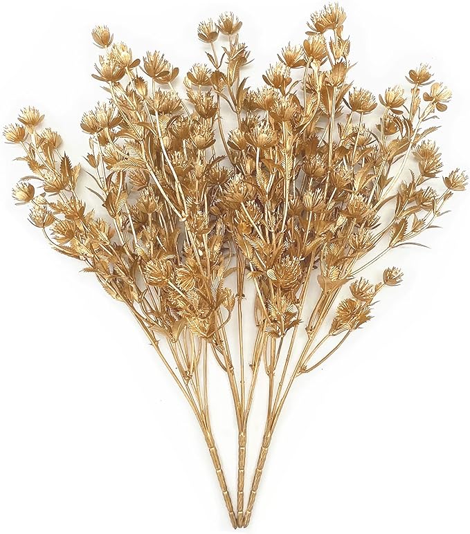 Artificial Golden Baby Breath Flowers, Plastic Fake Gypsophila Flower for Indoor Outdoor Christmas Wedding Home Party Table Arrangement Decoration DIY Planter Filler Gold Leaves Decoration - 3 Pack