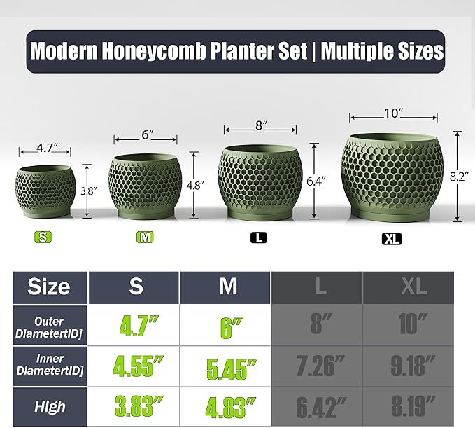 Plant Pots, Modern 3D Printed Honeycomb Planters for Indoor Plants, 4.7/6 Inch Military Green Decorative Flower Pot for Office Desktop, Bookshelf & Home Decor, Lightweight & Durable.